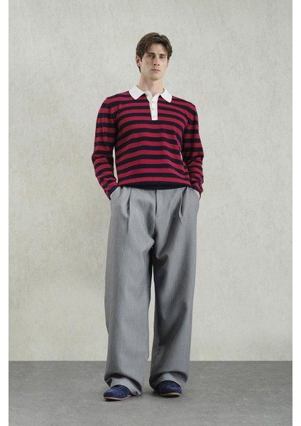 Gold Düğmeli Çizgili Polo Yaka Kazak