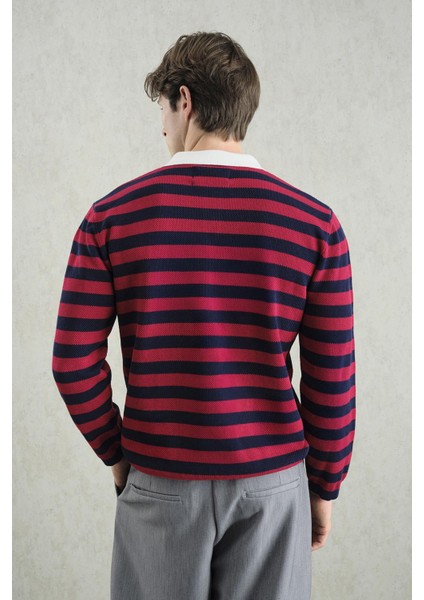 Gold Düğmeli Çizgili Polo Yaka Kazak modelleri