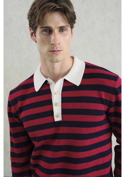 Gold Düğmeli Çizgili Polo Yaka Kazak indirimleri