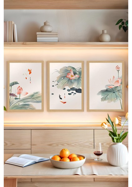 🖼️ Lotus ve Japon Balığı Temalı 3'lü Uv Baskı Tablo Seti (Çerçevesiz) CRVS1042 13 x 17
