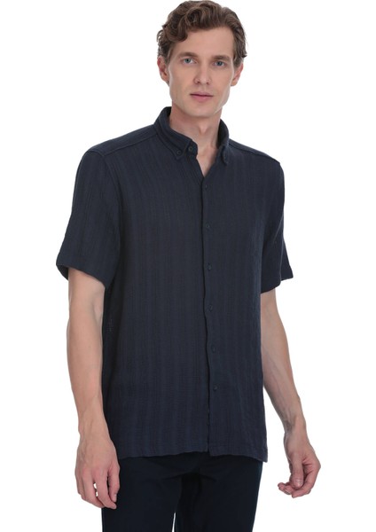 Lacivert Comfort Fit Düğmeli Yaka Kısa Kollu Pamuk Gömlek