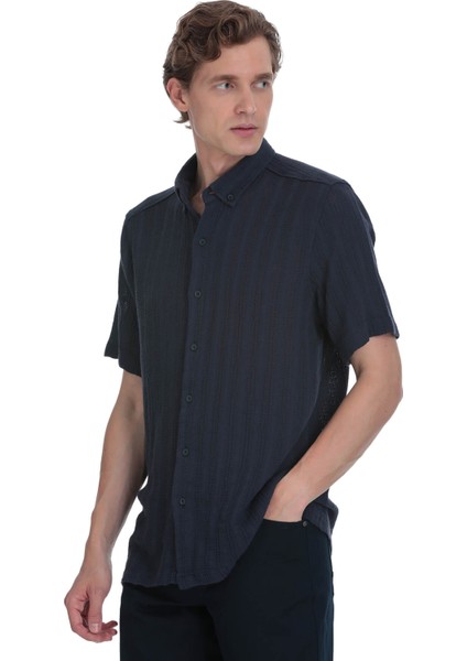 Lacivert Comfort Fit Düğmeli Yaka Kısa Kollu Pamuk Gömlek modelleri