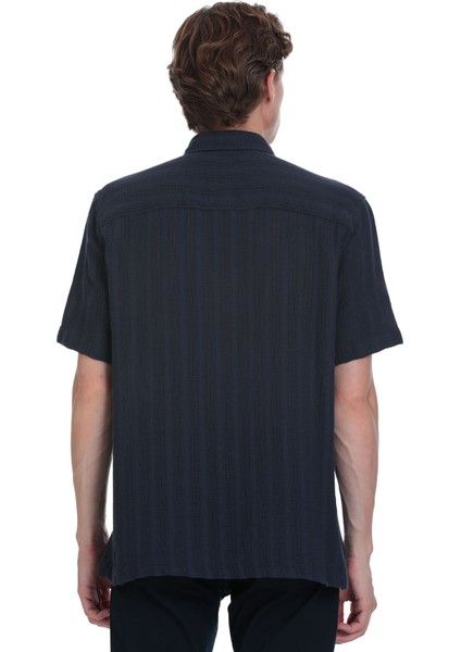 Lacivert Comfort Fit Düğmeli Yaka Kısa Kollu Pamuk Gömlek indirimleri