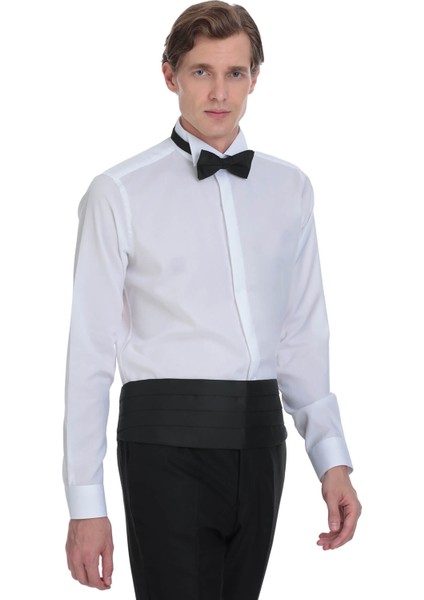 Beyaz Comfort Fit Ata Yaka 100% Pamuk Uzun Kollu Damatlık Gömlek