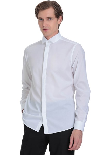 Beyaz Comfort Fit Ata Yaka 100% Pamuk Uzun Kollu Damatlık Gömlek fırsatları