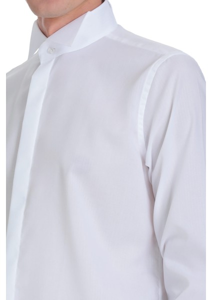 Beyaz Comfort Fit Ata Yaka 100% Pamuk Uzun Kollu Damatlık Gömlek