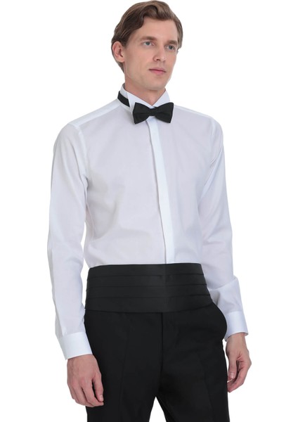 Beyaz Comfort Fit Ata Yaka 100% Pamuk Uzun Kollu Damatlık Gömlek