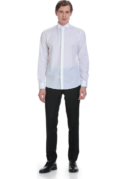 Beyaz Comfort Fit Ata Yaka 100% Pamuk Uzun Kollu Damatlık Gömlek