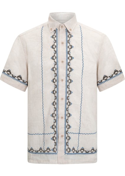 Bej Comfort Fit Düğmeli Yaka Kısa Kollu Keten Gömlek