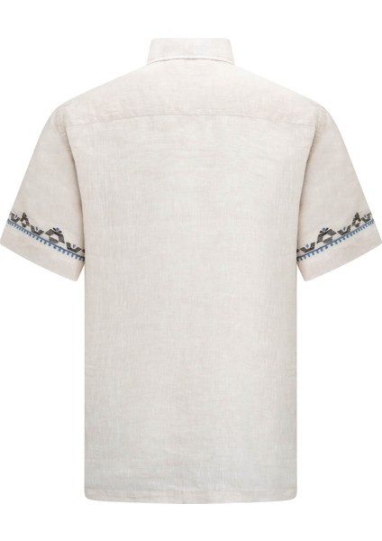 Bej Comfort Fit Düğmeli Yaka Kısa Kollu Keten Gömlek fiyatları