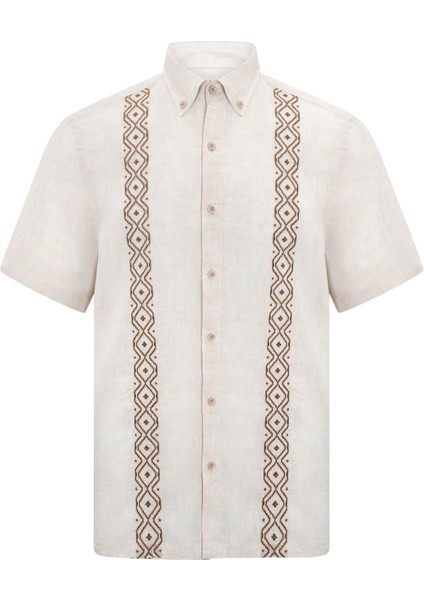 Bej Comfort Fit Düğmeli Yaka 100% Keten Kısa Kollu Gömlek