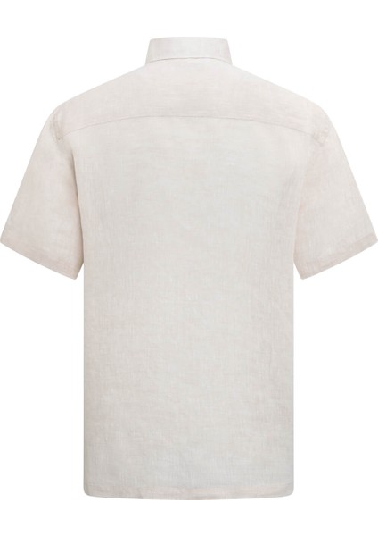 Bej Comfort Fit Düğmeli Yaka 100% Keten Kısa Kollu Gömlek fiyatları