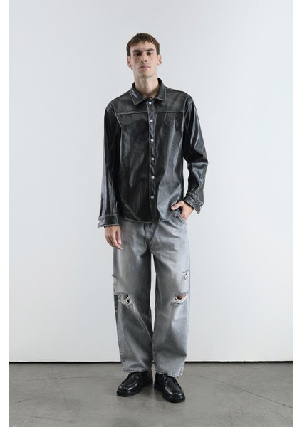 Eskitme Efektli Deri Antrasit Gömlek