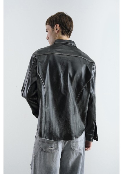 Eskitme Efektli Deri Antrasit Gömlek modelleri