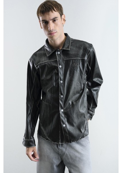 Eskitme Efektli Deri Antrasit Gömlek fırsatları