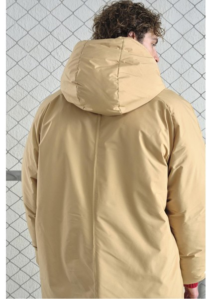 Kapüşonlu Uzun Şişme Bej Mont modelleri