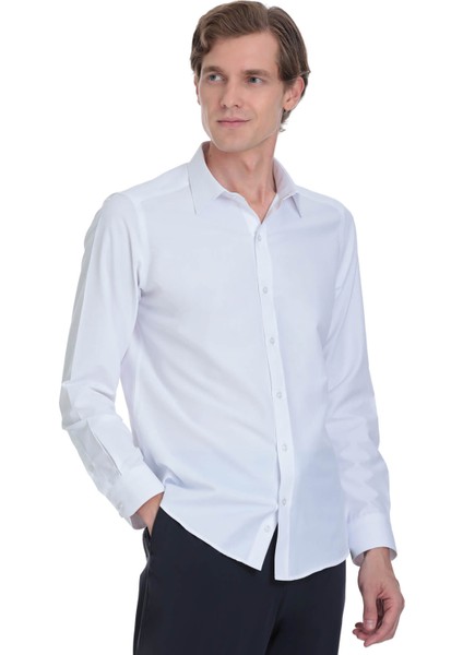 Beyaz Slim Fit Slim Yaka Pamuklu Uzun Kollu Gömlek
