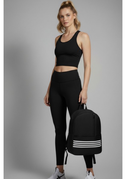 Unisex Şeritli 3 Fermuarlı Çok Kullanışlı Sırt Çantası