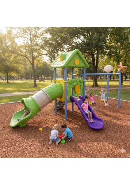 Çocuk Oyun Parkı 2 Kaydıraklı - 2'li Salıncaklı Ev Temalı Model