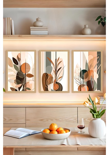 🌿 Turuncu-Kahverengi-Yeşil Soyut Bitkisel Vazo Temalı 3’lü Çerçevesiz Tablo Seti CRVS1066 13 x 17