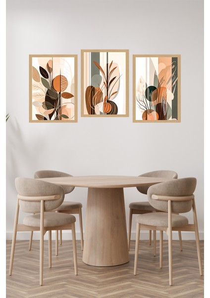 🌿 Turuncu-Kahverengi-Yeşil Soyut Bitkisel Vazo Temalı 3’lü Çerçevesiz Tablo Seti CRVS1066 13 x 17 fiyatları