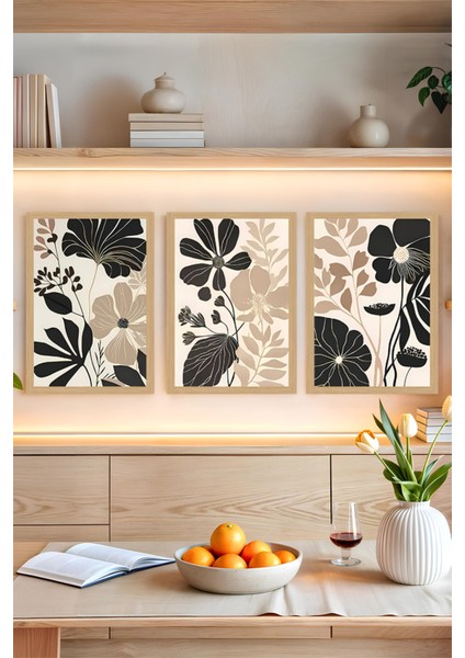 🌿 Bej, Kahverengi ve Siyah Çiçek Desenli 3'lü Tablo Seti – Uv Baskılı- Çerçevesiz Mdf CRVS1065 13 x 17