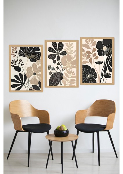 🌿 Bej, Kahverengi ve Siyah Çiçek Desenli 3'lü Tablo Seti – Uv Baskılı- Çerçevesiz Mdf CRVS1065 13 x 17 modelleri