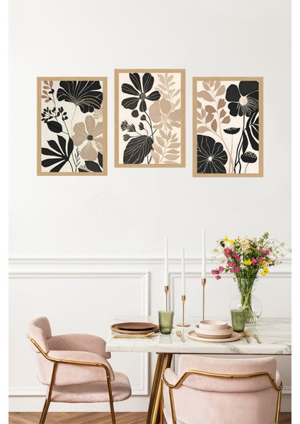 🌿 Bej, Kahverengi ve Siyah Çiçek Desenli 3'lü Tablo Seti – Uv Baskılı- Çerçevesiz Mdf CRVS1065 13 x 17 fırsatları