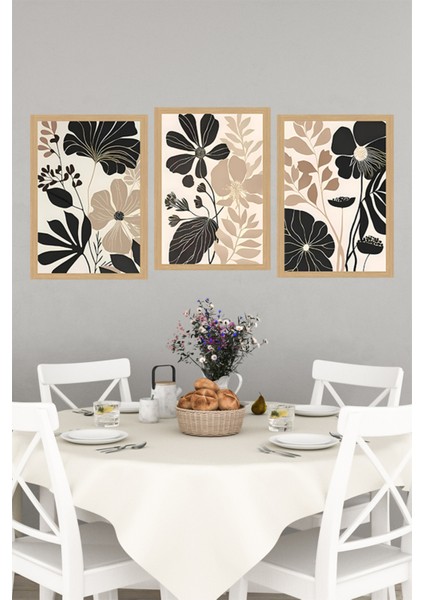 🌿 Bej, Kahverengi ve Siyah Çiçek Desenli 3'lü Tablo Seti – Uv Baskılı- Çerçevesiz Mdf CRVS1065 13 x 17 indirimleri