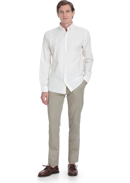 Krem Comfort Fit Çizgili Düğmeli Yaka Pamuk-Keten Uzun Kollu Gömlek fiyatları