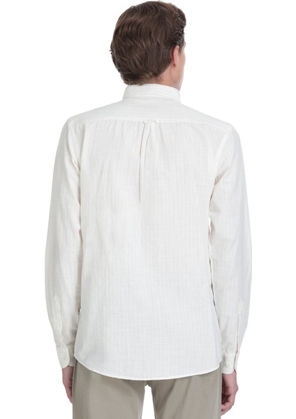 Krem Comfort Fit Çizgili Düğmeli Yaka Pamuk-Keten Uzun Kollu Gömlek indirimleri