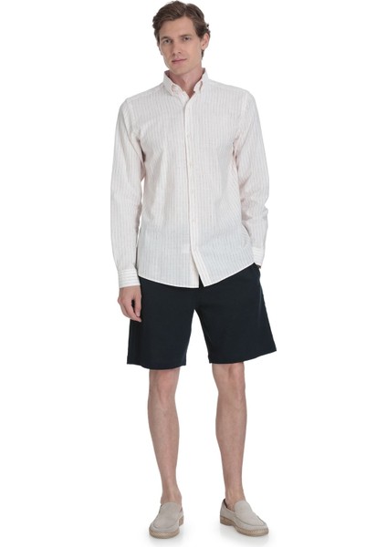Krem Comfort Fit Çizgili Düğmeli Yaka Pamuk-Keten Uzun Kollu Gömlek fiyatları