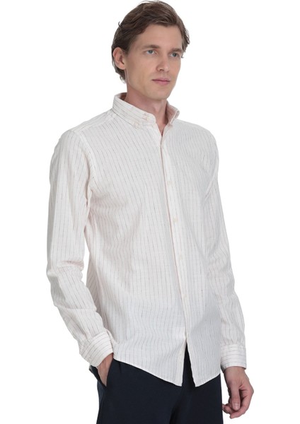 Krem Comfort Fit Çizgili Düğmeli Yaka Pamuk-Keten Uzun Kollu Gömlek modelleri