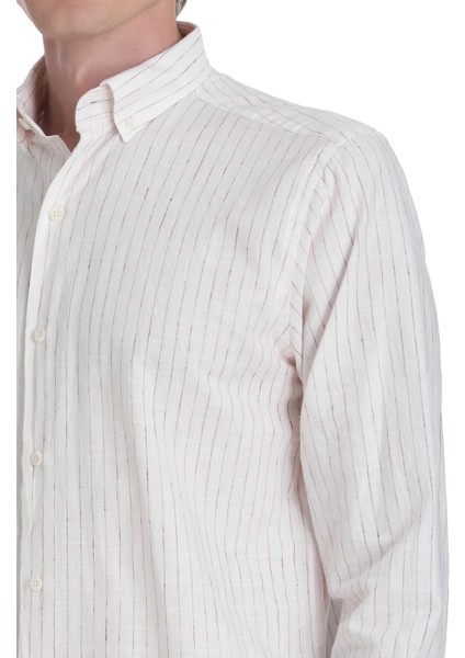 Krem Comfort Fit Çizgili Düğmeli Yaka Pamuk-Keten Uzun Kollu Gömlek fırsatları