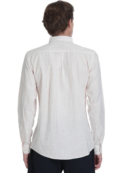 Krem Comfort Fit Çizgili Düğmeli Yaka Pamuk-Keten Uzun Kollu Gömlek indirimleri