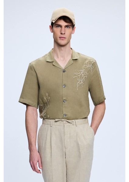 Haki Comfort Fit Düğmeli Yaka 100% Keten Kısa Kollu Gömlek