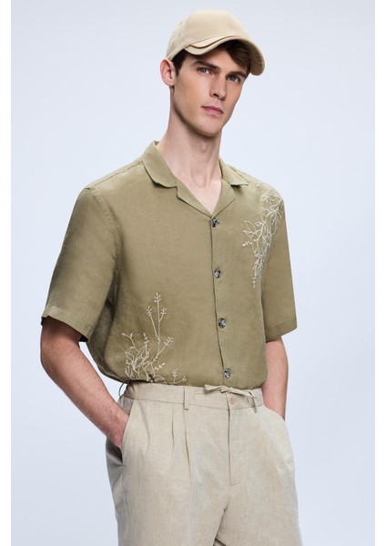 Haki Comfort Fit Düğmeli Yaka 100% Keten Kısa Kollu Gömlek fiyatları