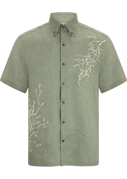 Haki Comfort Fit Düğmeli Yaka 100% Keten Kısa Kollu Gömlek modelleri