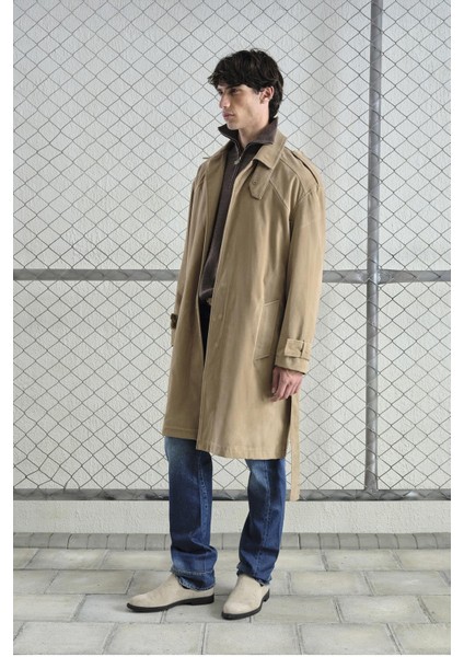 Kemerli Regular Fıt Süet Bej Trençkot modelleri