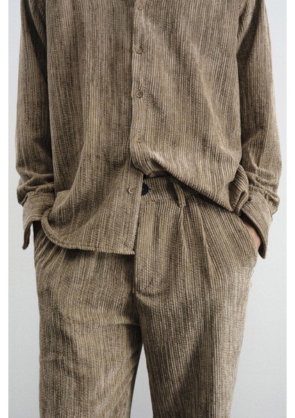 Efektli Pilili Kadife Kahverengi Pantolon indirimleri