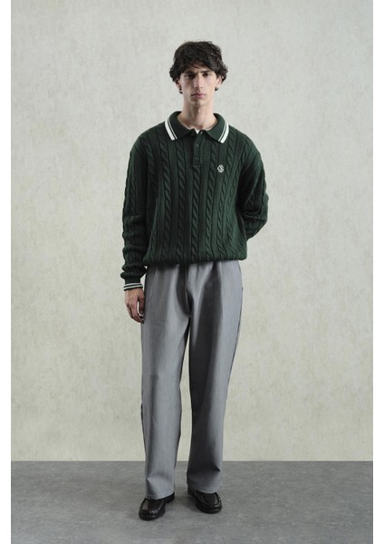 Örgü Desenli Polo Yaka Triko Yeşil Kazak