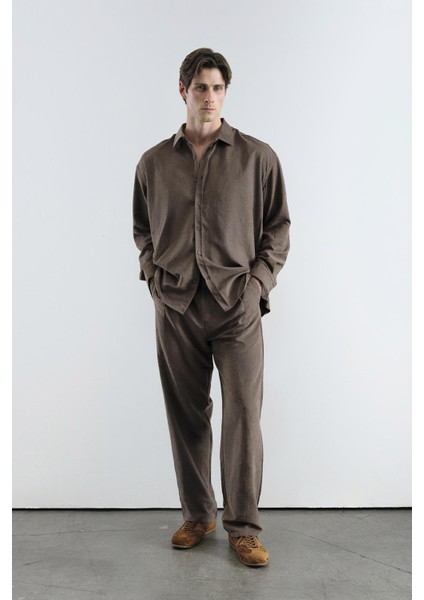 Pilili Efektli Modal Kahverngi Pantolon