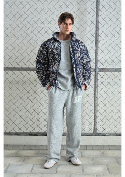 Desenli Kadife Şişme Lacivert Mont