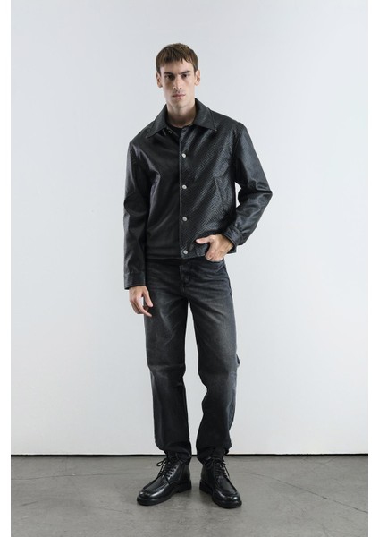 Örgü Desenli Deri Siyah Ceket