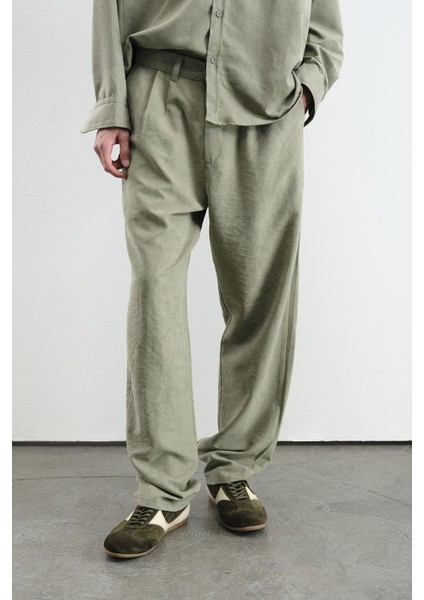 Pilili Efektli Modal Haki Pantolon