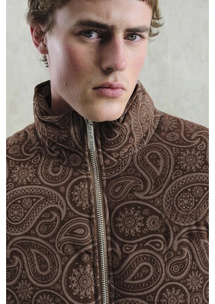 Desenli Süet Şişme Kahverengi Mont