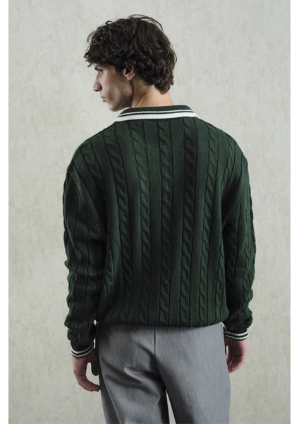 Örgü Desenli Polo Yaka Triko Yeşil Kazak modelleri