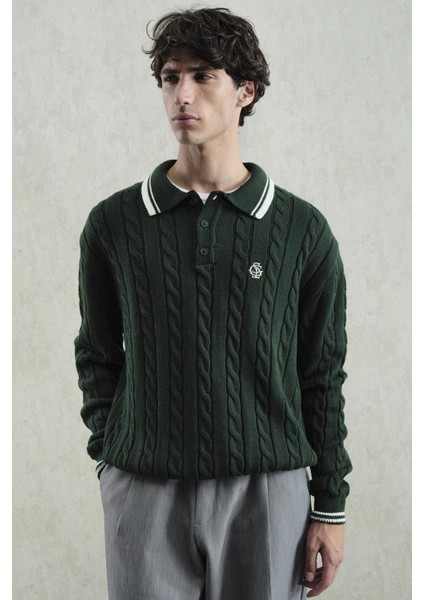 Örgü Desenli Polo Yaka Triko Yeşil Kazak fırsatları