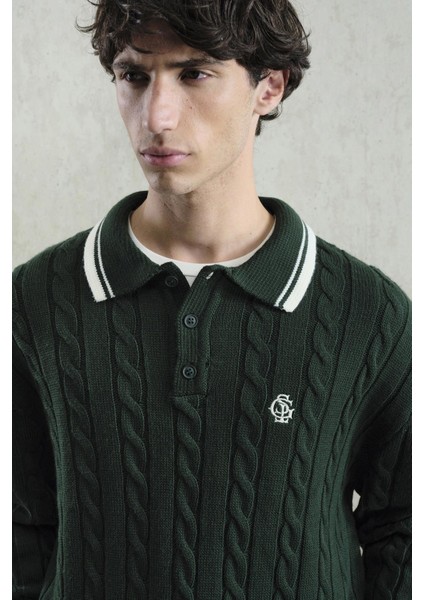 Örgü Desenli Polo Yaka Triko Yeşil Kazak indirimleri