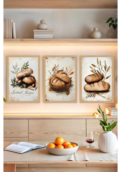 🍞 Rustik Ekmek Temalı 3’lü Mutfak Tablo Seti (Çerçevesiz) – 3 Farklı Ebat Seçeneğiyle CRVS1052 13 x 17